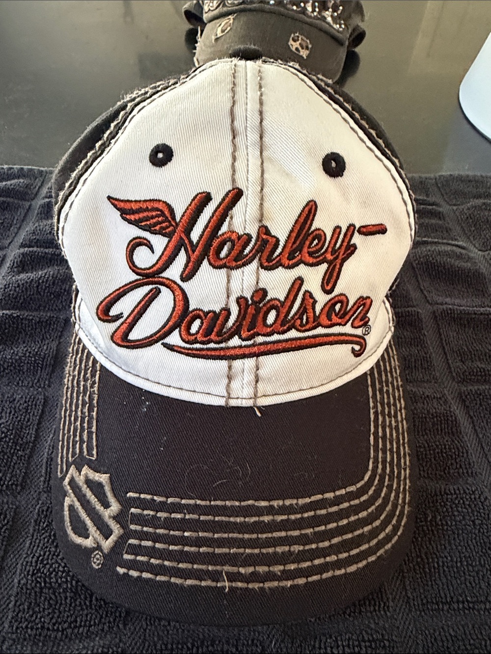 Harley-Davidson Two-Tone Black & White Cap with Orange Script Logo